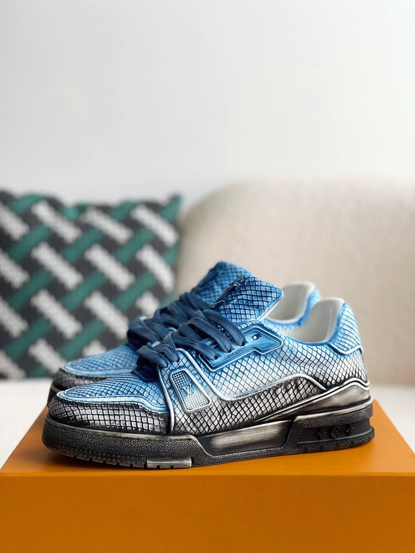 Louis Vuitton LV Trainer Snake Skin Textured Blue Shade Custom Sneaker - Sneaker Replica Workshop