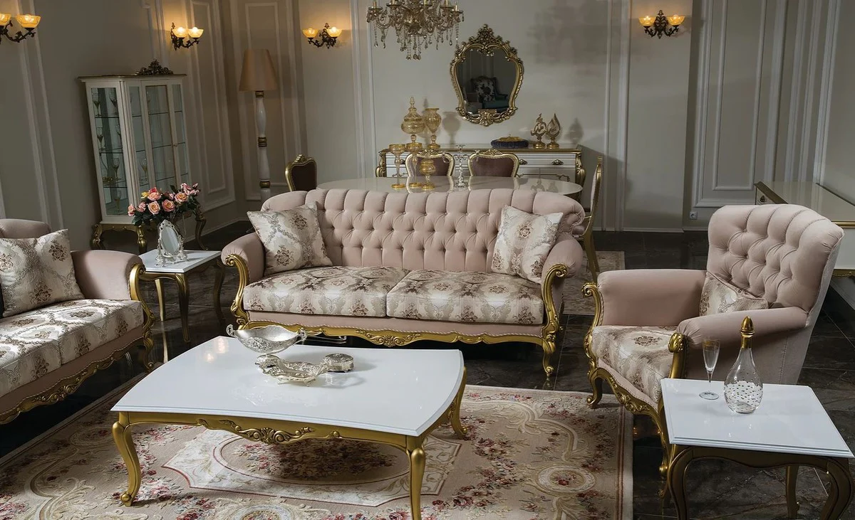 Luxury baroque living room set pink / white / gold - 2 sofas & 2 armchairs & 1 coffee table & 2 side tables - living room furniture in baroque style - noble and magnificent