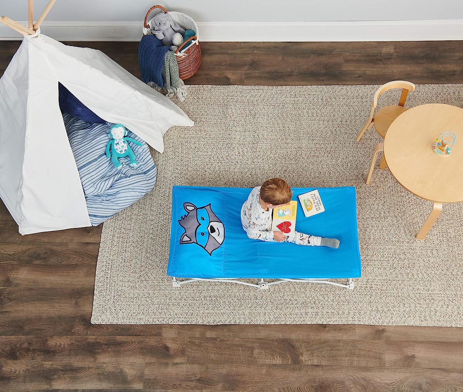 Small Portable Toddler Single Bed Raccoon Blue 48 x 24.5 x 9 Inches (Pack of 1)