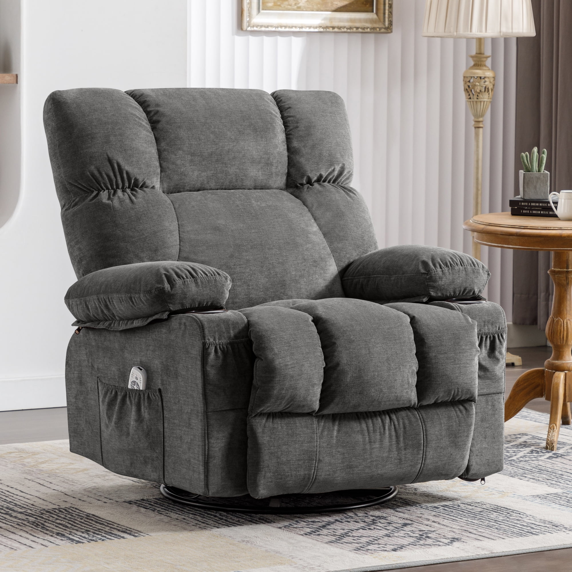 JONPONY Manual Recliner Chair with Heat Therapy and Massage Function, Heavy Duty Reclining Mechanism Massage Chair, Elderly Single Rocker Sofa with Cup Holders for Bedroom Home Theater, Grey