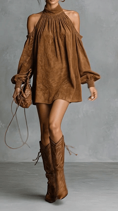 Women's Cotton-Blend Cold Shoulder Halter Mini Dress for Western Rodeo Events - Nordfashionstorm - Women's Clothing, Fashion for You - Nordfashionstorm.com