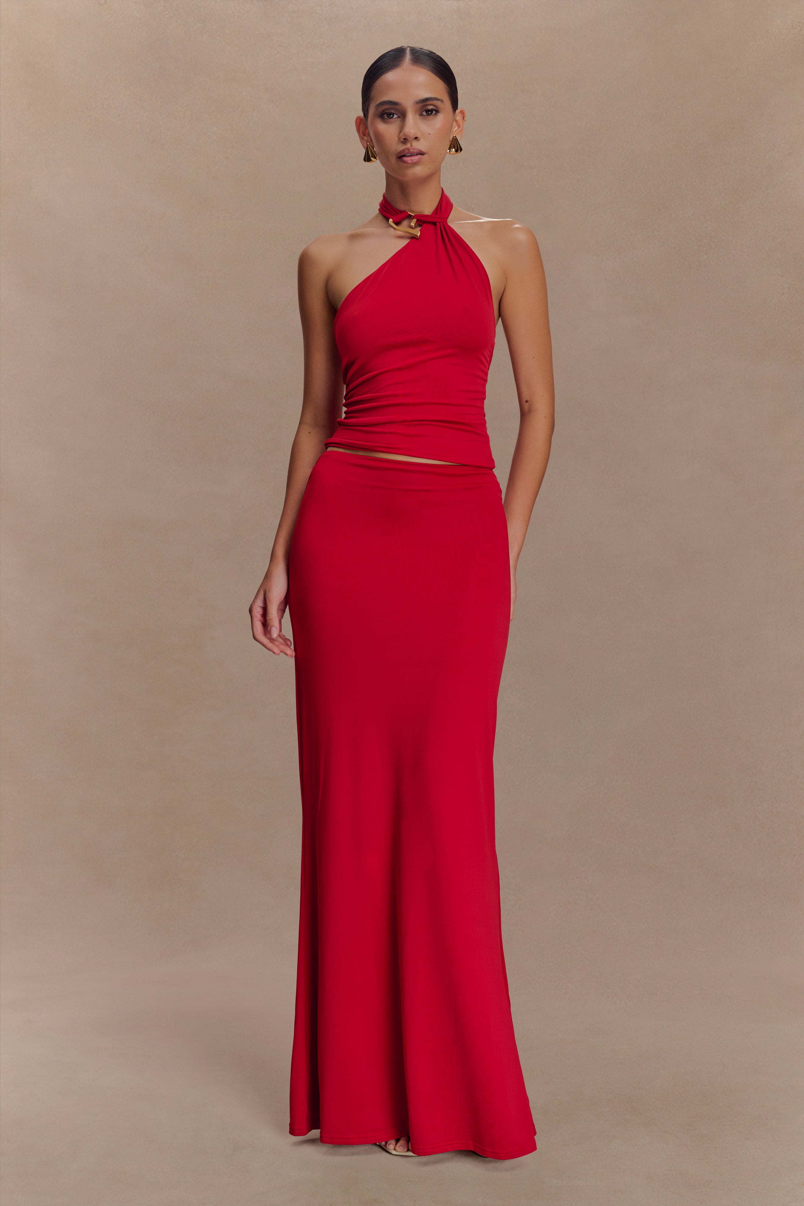 Bruna Slinky Fishtail Maxi Skirt - Red