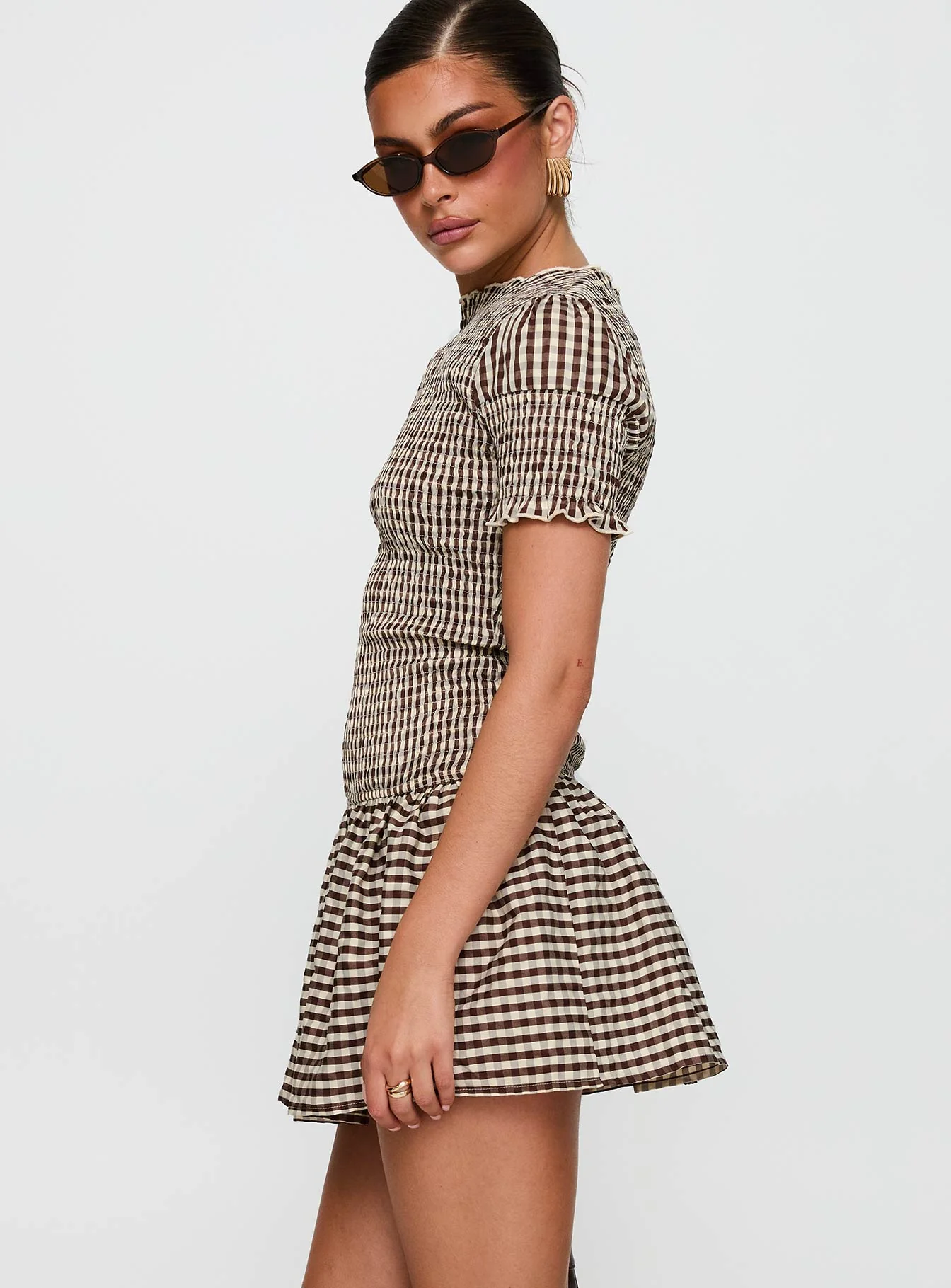 Laurita Shirred Mini Dress Brown Check Tall
