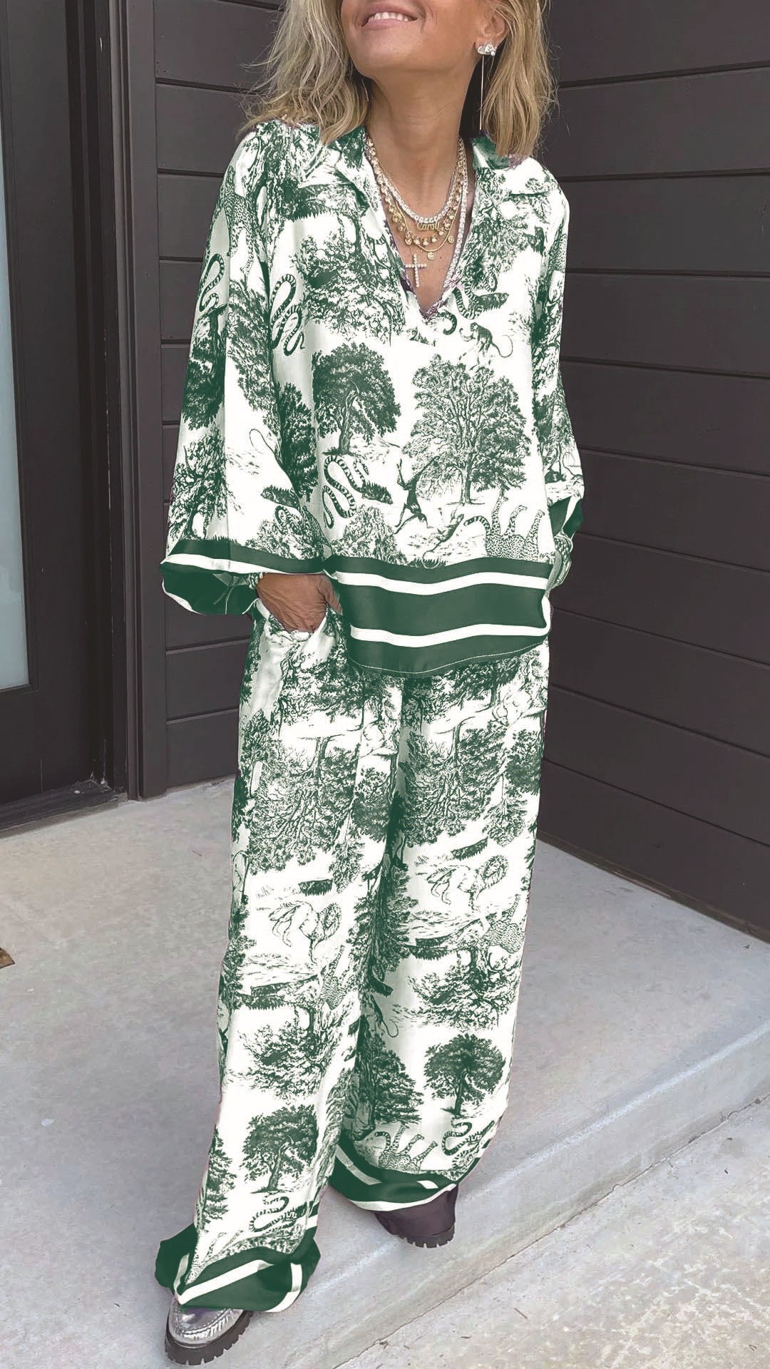Women's Casual V-Neck Printed Long-Sleeve Two-Piece Set with Pockets - Nordfashionstorm - Women's Clothing, Fashion for You - Nordfashionstorm.com