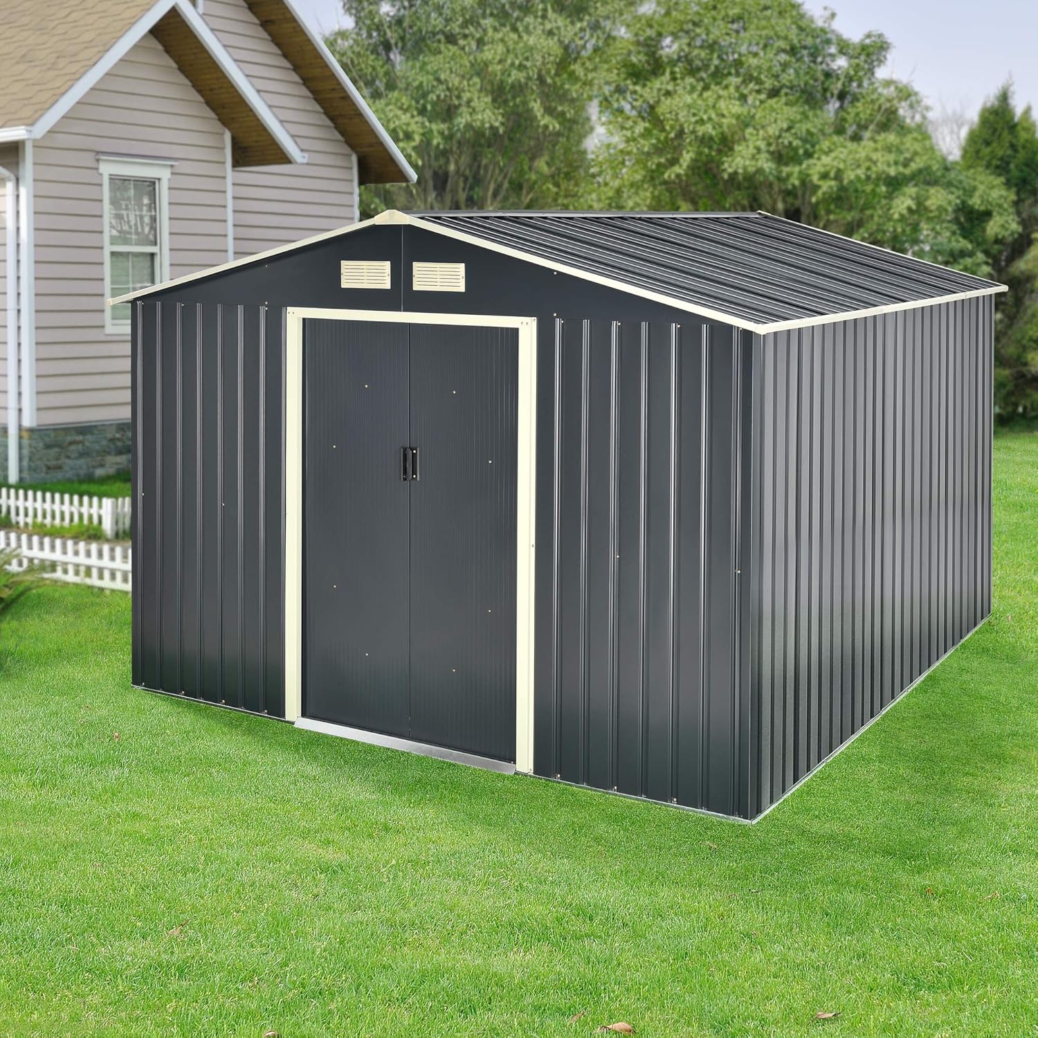 [en.casa] Casetta da Giardino 277x319x192 cm Box Organizzatore Deposito Stoccaggio in Lamiera Zincata con Cornice di Base in Metallo e Porte Scorrevoli - Grigio Scuro