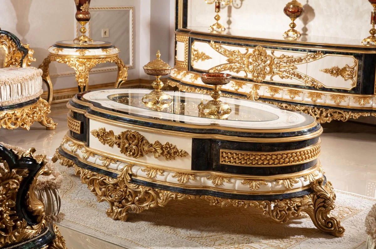 Luxury baroque side table white / blue / gold - magnificent solid wood table in baroque style - baroque living room furniture - noble & magnificent