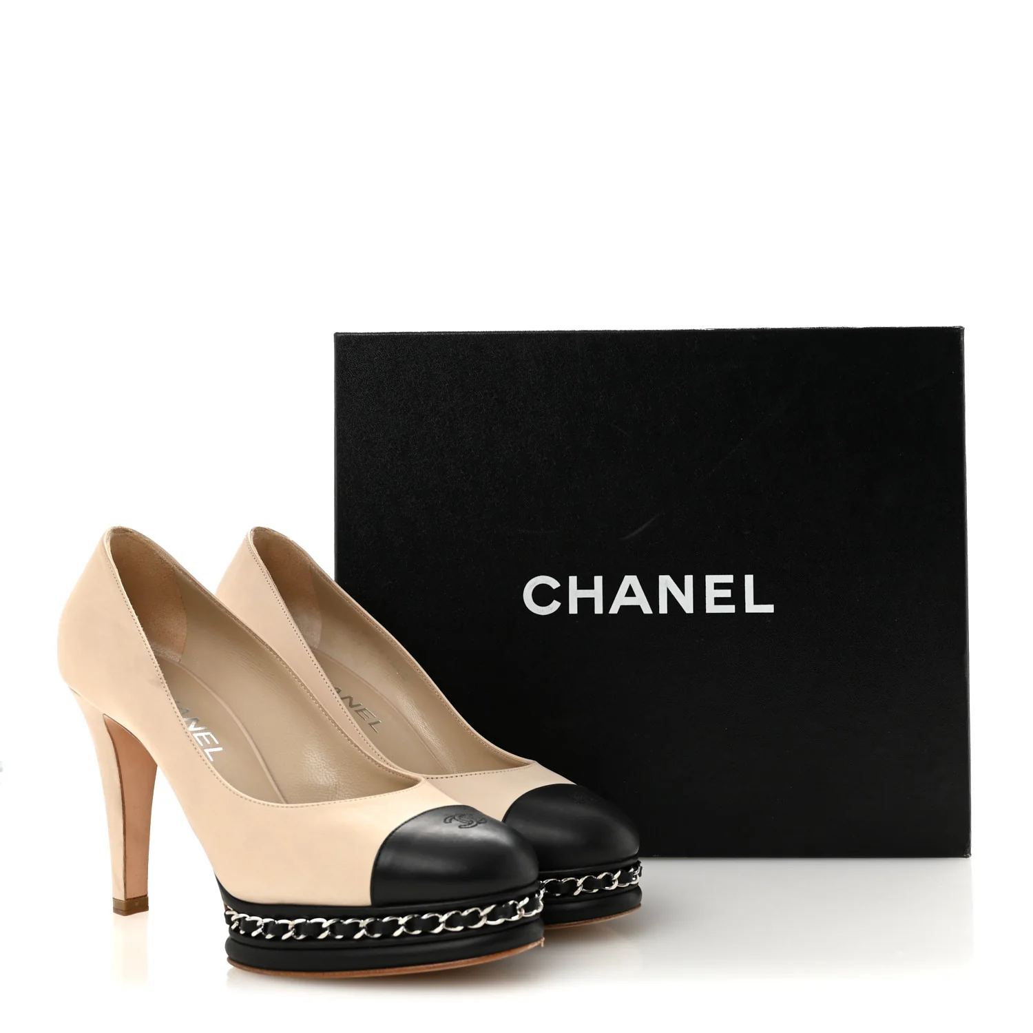 Calfskin CC Cap Toe Platform Chain Pumps 39 Beige Black - Top Club