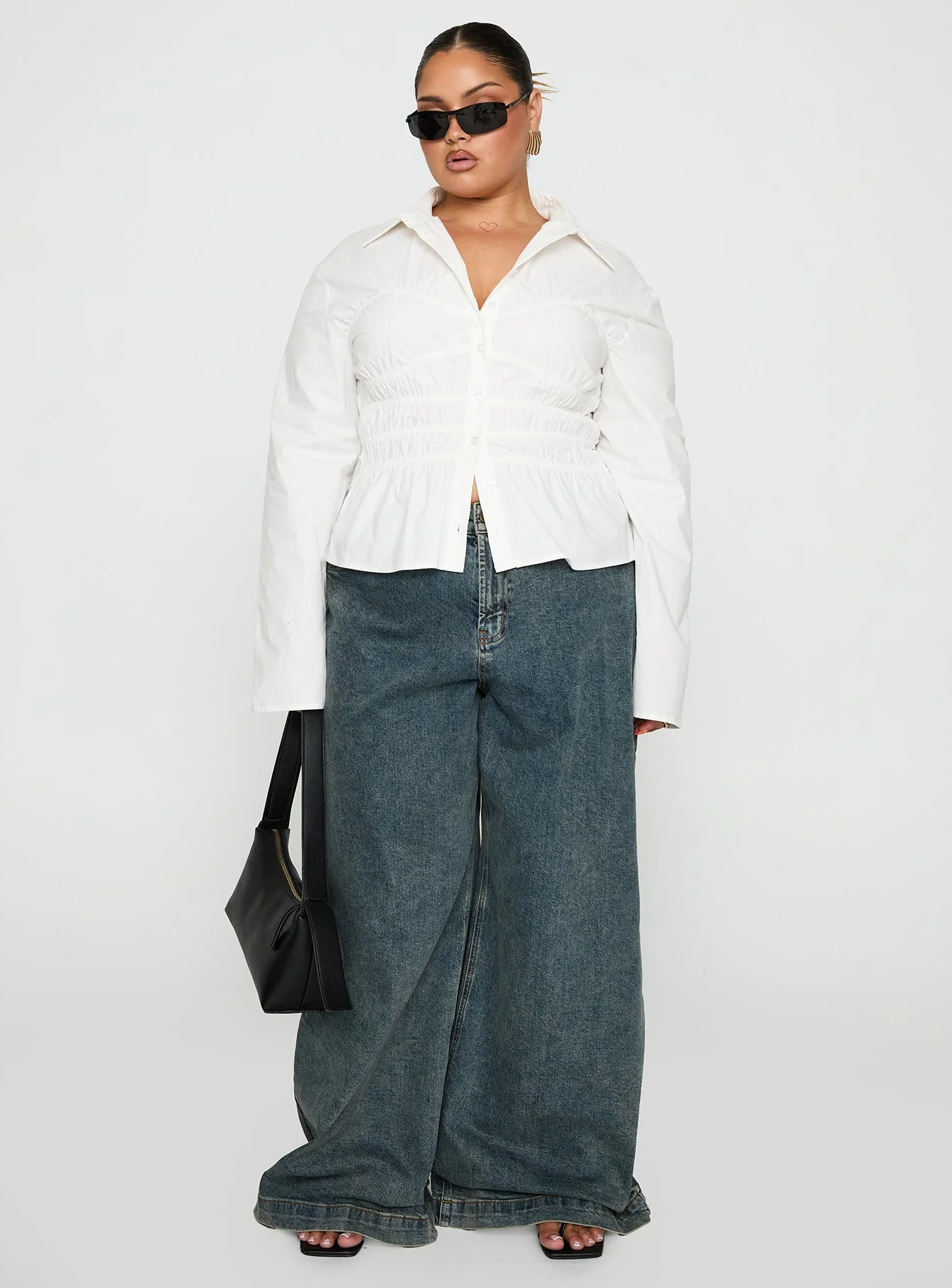 Liesel Shirred Long Sleeve Top White Curve