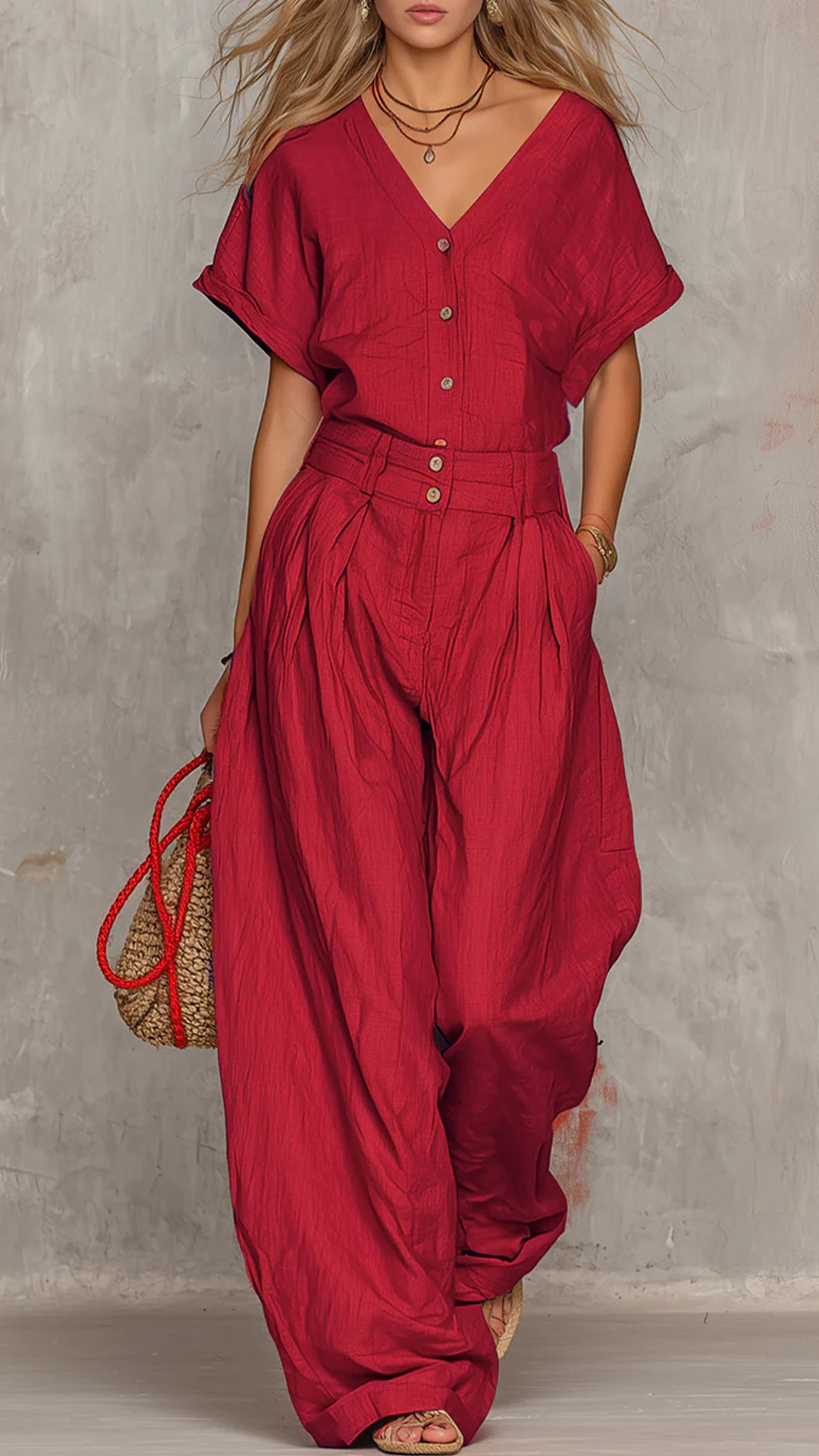 Women's Cotton-Blend Textured V-Neck Top & Wide-Leg Pants Set - Nordfashionstorm - Women's Clothing, Fashion for You - Nordfashionstorm.com