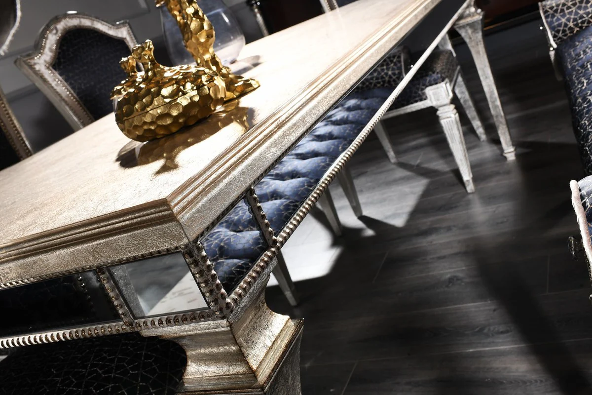 Luxury baroque dining table antique silver 200 x 112 x H. 85 cm - solid wood kitchen table with mirror glass - elegant dining room furniture in baroque style