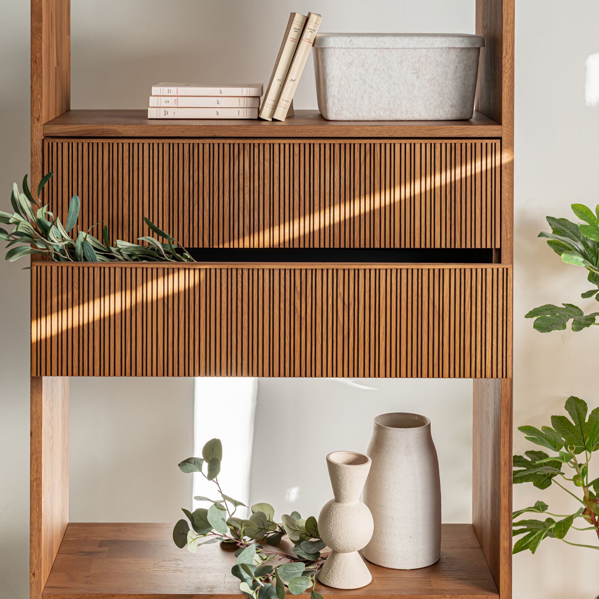 TASSIA - Bloc de 2 grands tiroirs en chêne strié L82cm - bois foncé