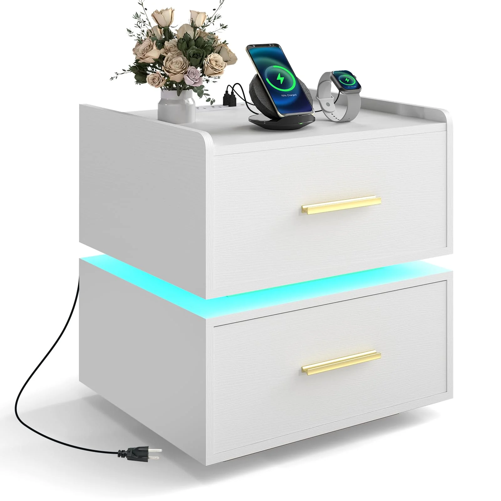 BEFOUNDLOVELY Nightstand with Charging Station Set of 1/2 LED Bedside Table