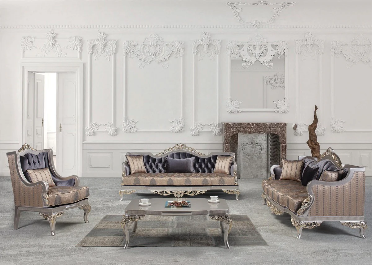 Luxury Baroque Living Room Set Purple / Beige / Silver / Gold - 2 Sofas & 2 Armchairs & 1 Coffee Table - Living Room Furniture in Baroque Style - Noble & Magnificent