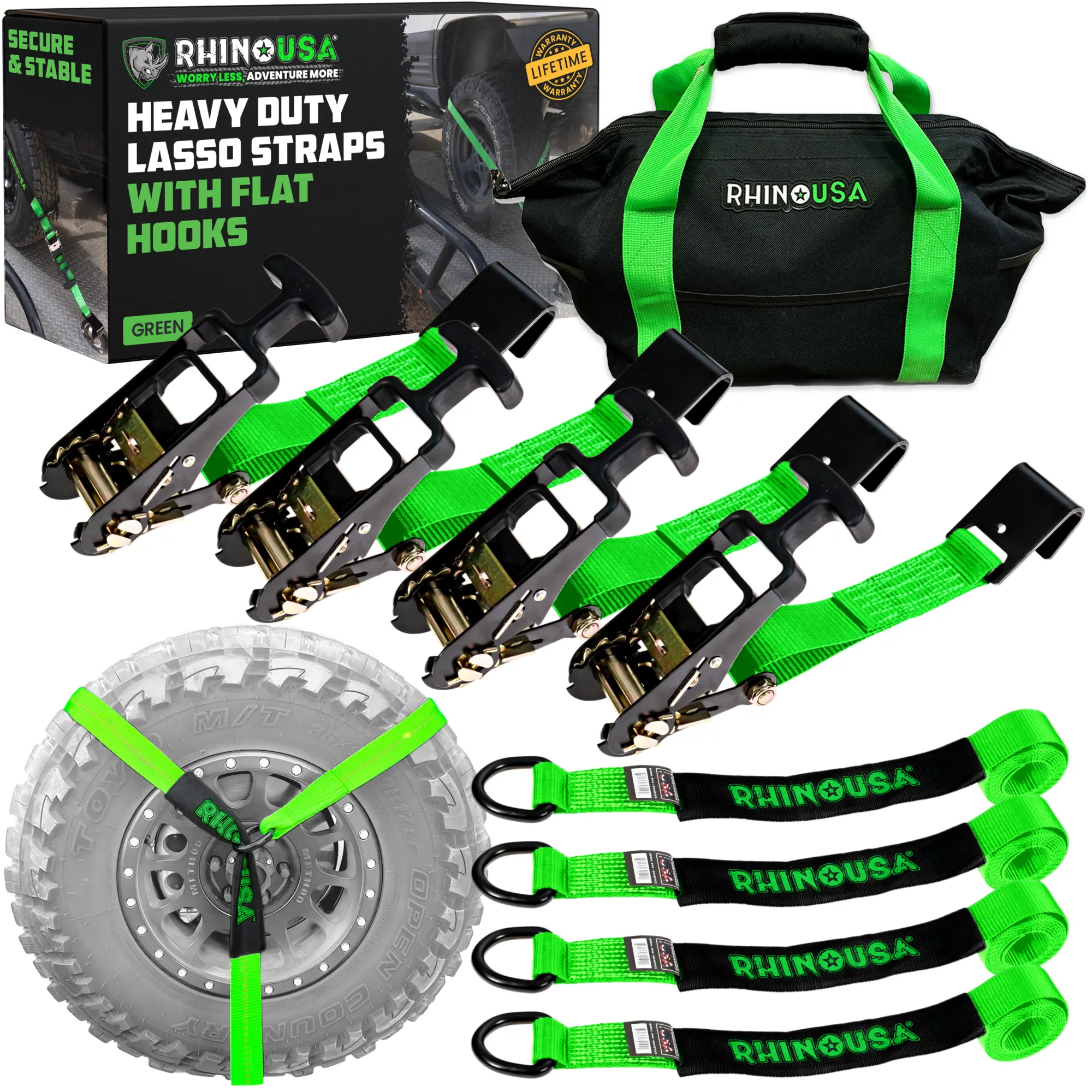 Rhino USA Car Tie Down Straps for Trailers with Flat Hooks (4-Pack) 10,000lb Break Strength Heavy Duty T-Handle Car Hauler Tire Straps