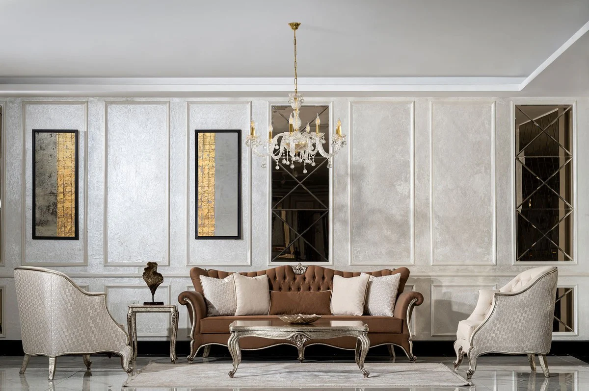 Luxury Baroque Living Room Sofa Brown / Antique Silver - Handmade Baroque Style Sofa with Decorative Pillows - Luxury Living Room Furniture in Baroque Style - Baroque Furniture - Noble & Magnificent