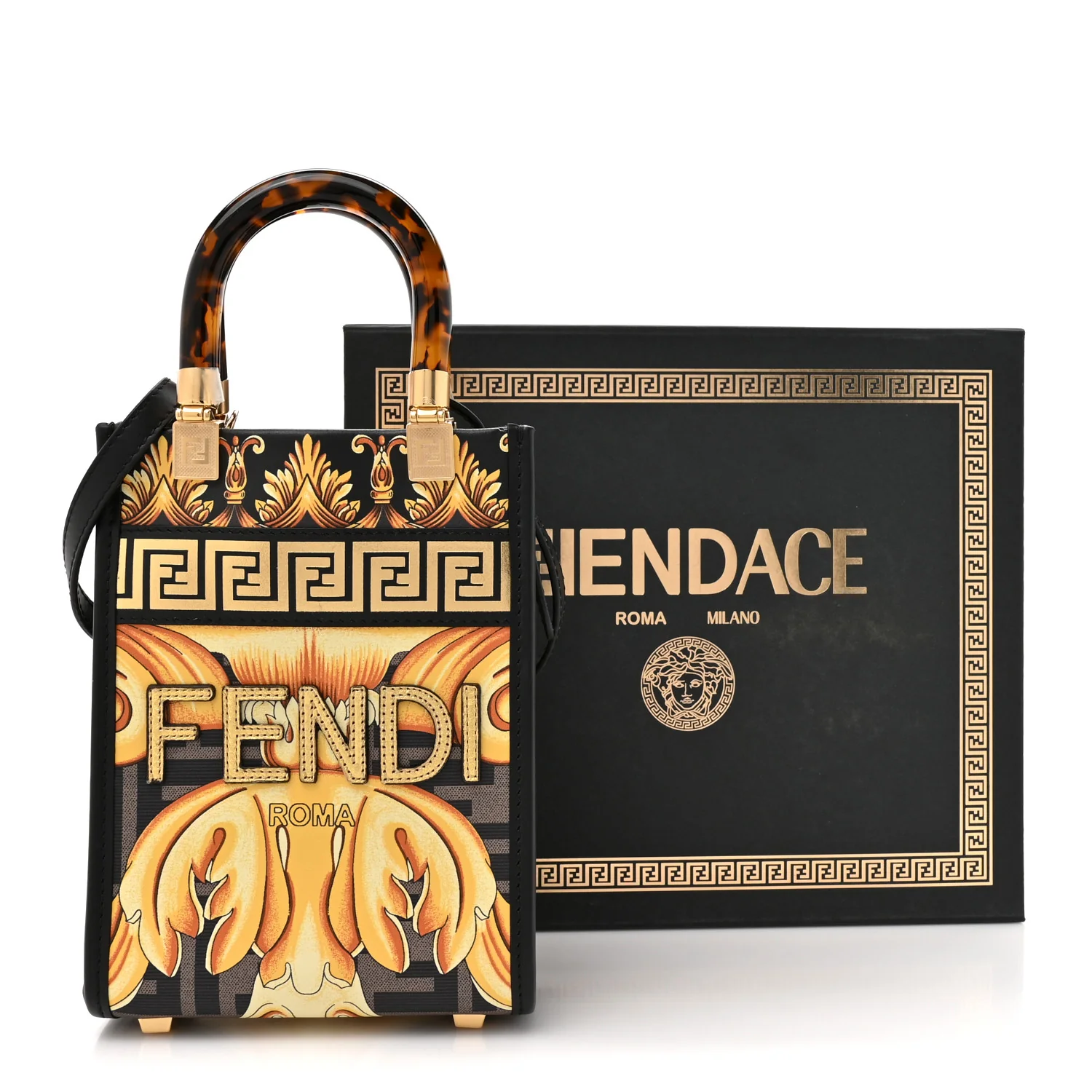 X VERSACE Vitello King Catalan Mirror Plexiglass Fendace FF Baroque Logo Mini Fendi Sunshine Shopper Tote Black Gold - Top Club