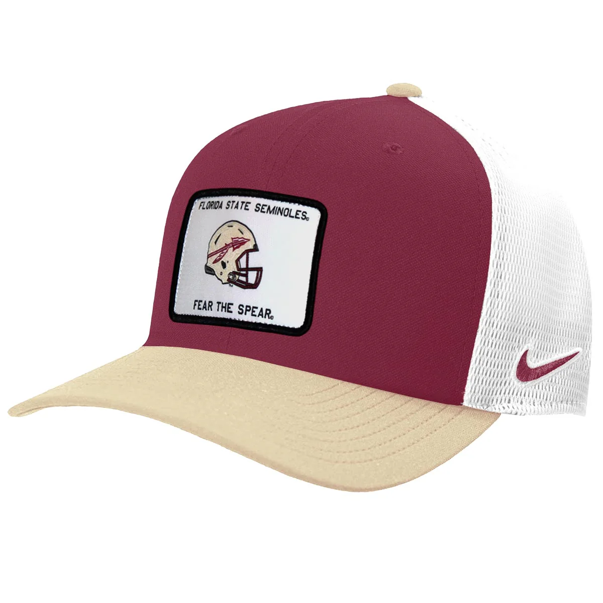 Nike Men's Florida State Seminoles Fear the Spear Helmet Patch Adjustable Rise Structured Trucker Cap - Garnet/Vegas Gold/White - MoB Apparel