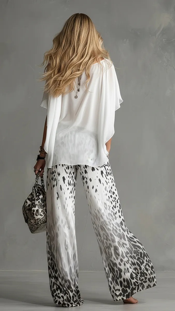 Women's Fashion Two-Piece Set: White T-Shirt & Leopard Print Chiffon Pants - Nordfashionstorm - Women's Clothing, Fashion for You - Nordfashionstorm.com