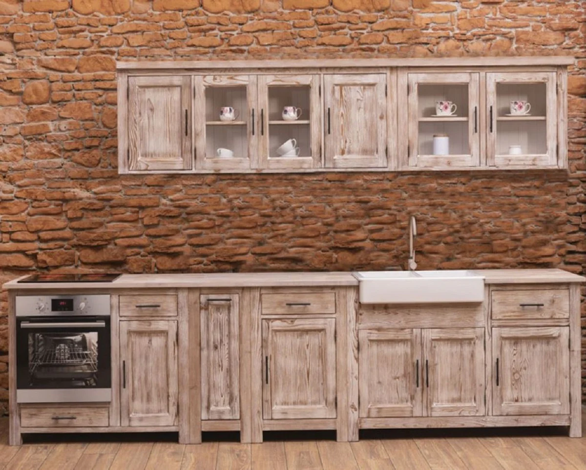 Country house style fitted kitchen natural colors 387 x 65 x H. 90 cm - solid wood kitchen unit - dining room furniture in country house style - country house style solid wood fitted kitchens