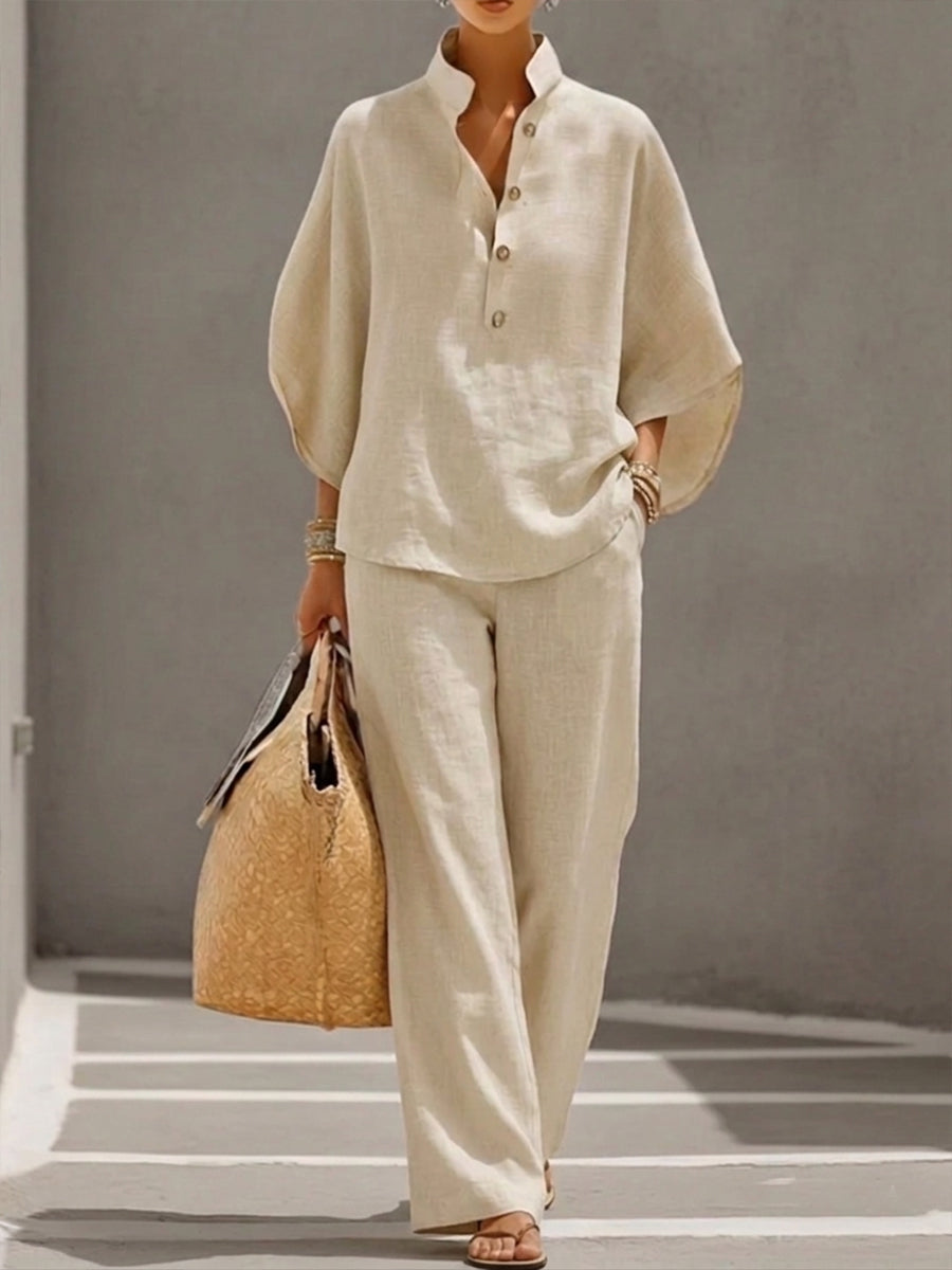 Plus Size Friendly Women’s Batwing Sleeve Linen Cotton Two-Piece Set – Casual Shirt & Wide Leg Pants Outfit - Nordfashionstorm - Women's Clothing, Fashion for You - Nordfashionstorm.com