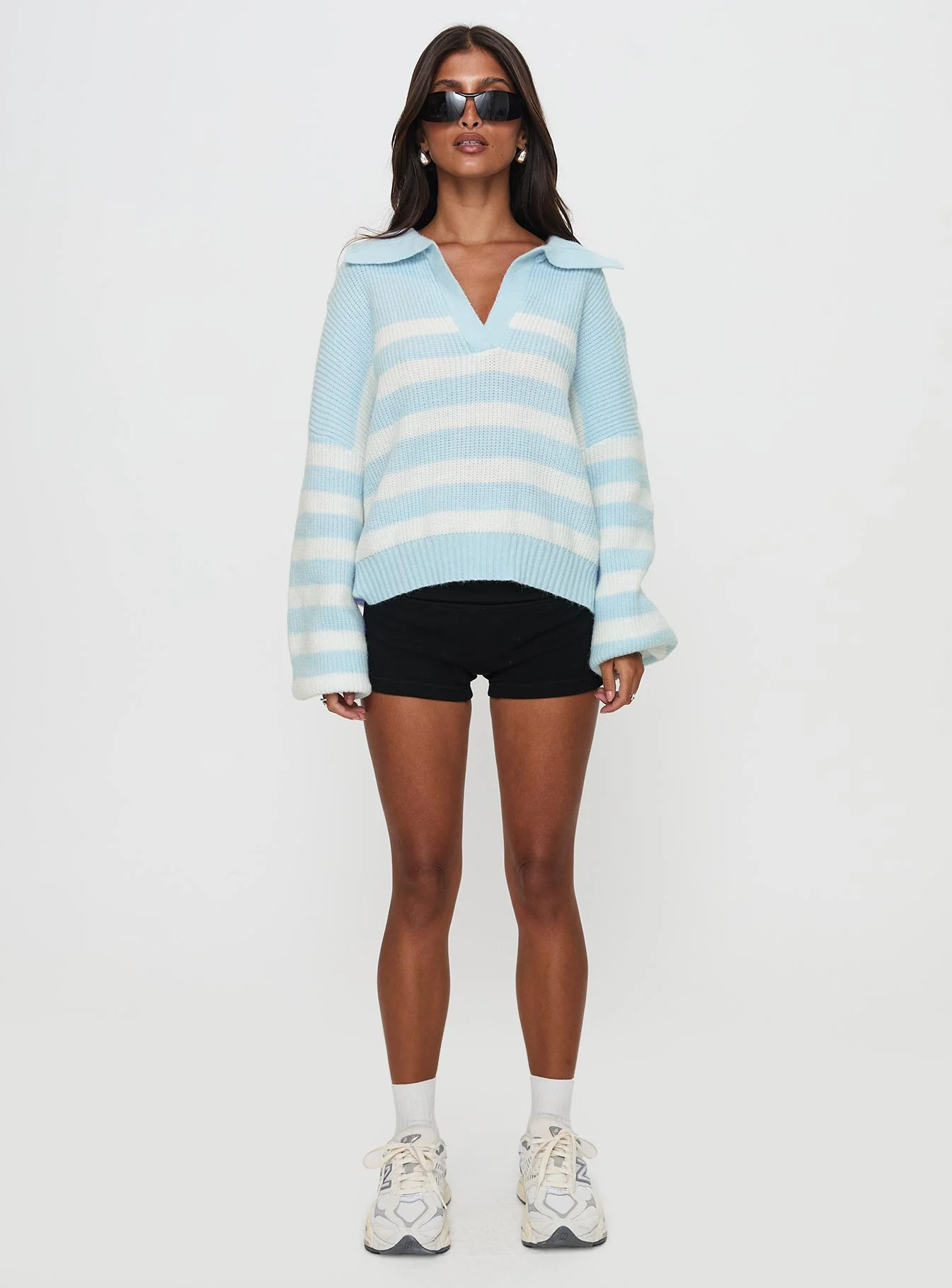 Carolena Long Sleeve Collared Knit Sweater Blue / White Stripe