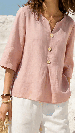 Women's Solid Color V-neck 3/4 Sleeve Casual Loose Cotton Linen Top - Nordfashionstorm - Women's Clothing, Fashion for You - Nordfashionstorm.com