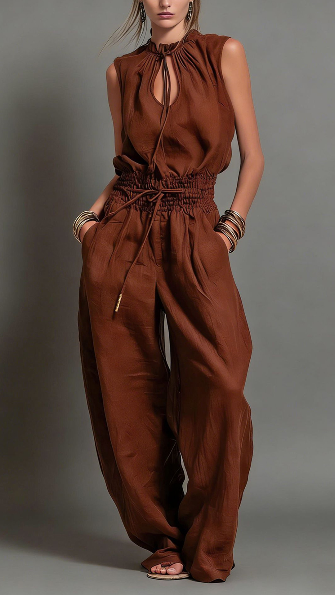 Women's Cotton-Blend Light Beige Waisted Sleeveless Jumpsuit - Nordfashionstorm - Women's Clothing, Fashion for You - Nordfashionstorm.com