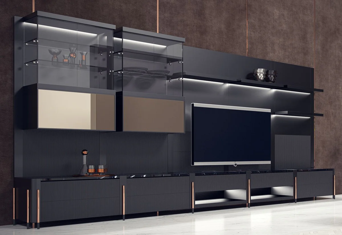 Luxury TV cabinet matt black / black / copper 452 x 47 x H. 202 cm - living room cabinet with LED lighting - living room furniture - hotel furniture - luxury furniture
