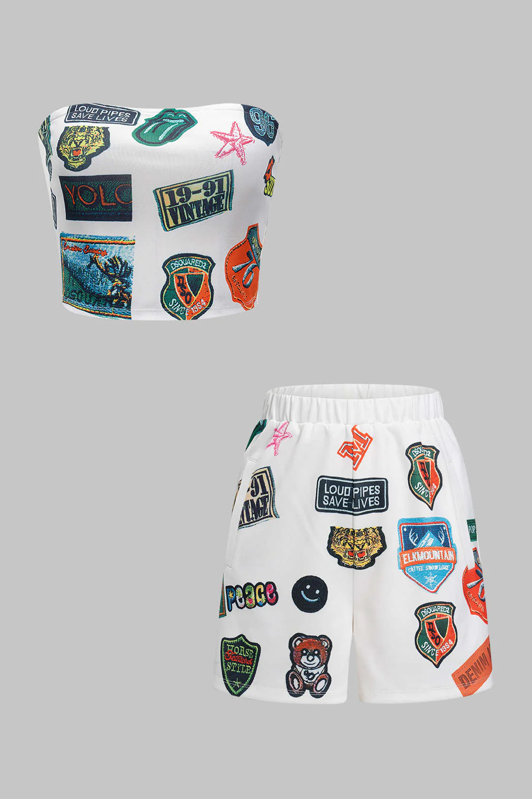 Retro Print Tube Top And High Waist Shorts Set