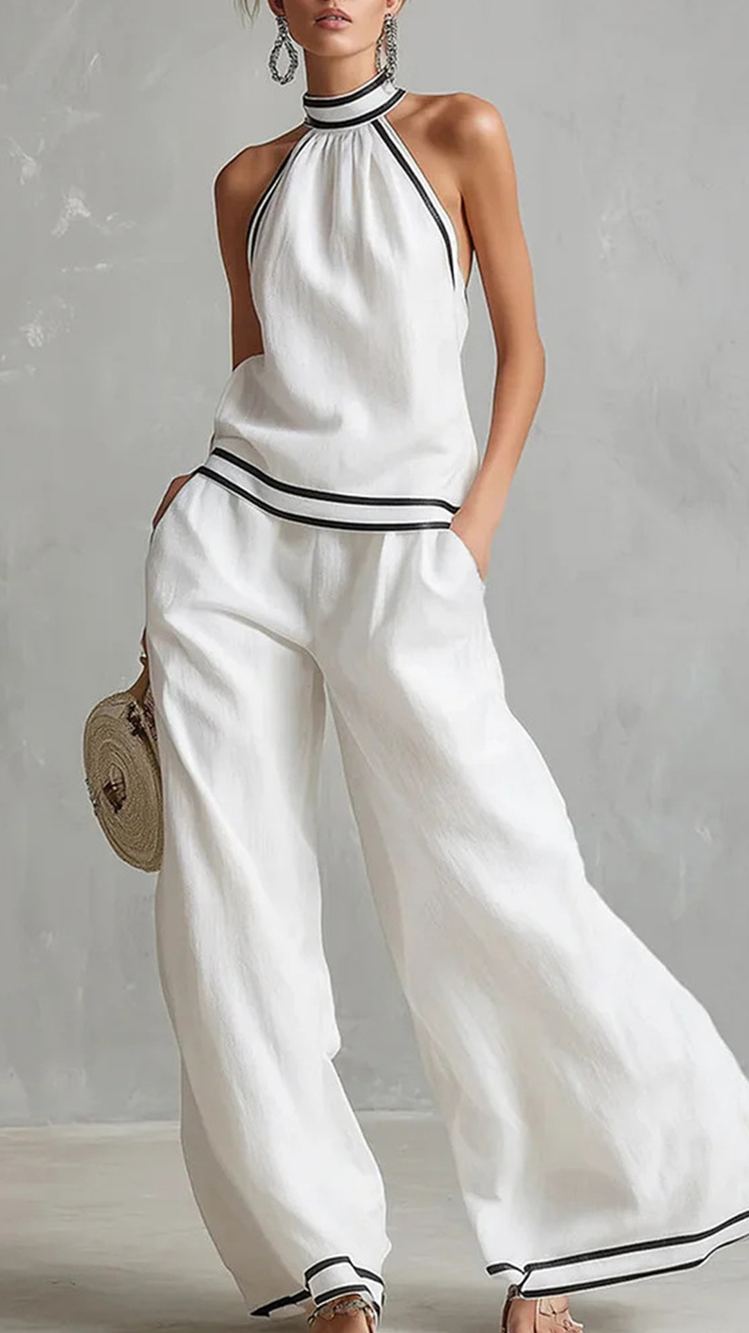 Women's Cotton-Blend Light Blue Halter Contrast Trim Wide-Leg Pants Set - Nordfashionstorm - Women's Clothing, Fashion for You - Nordfashionstorm.com
