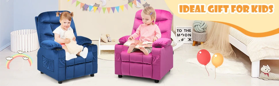 Eletriclife Kids Recliner Chair Adjustable Velvet Lounge Sofa with Cup Holders & Side Pockets