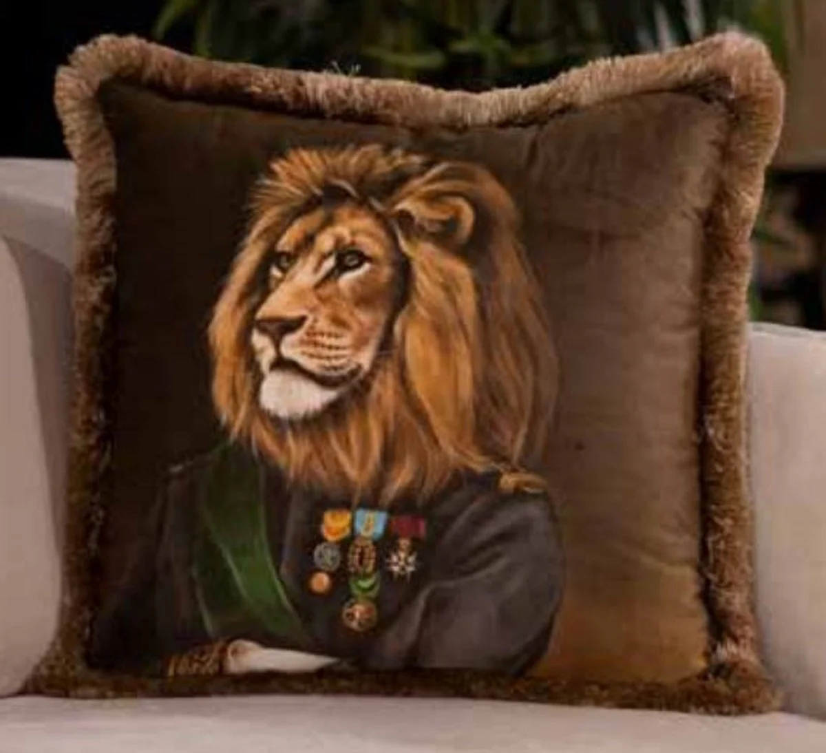 Luxury decorative cushion officer lion brown / multicolored 45 x 45 cm - printed velvet cushion with fringes - luxury collection