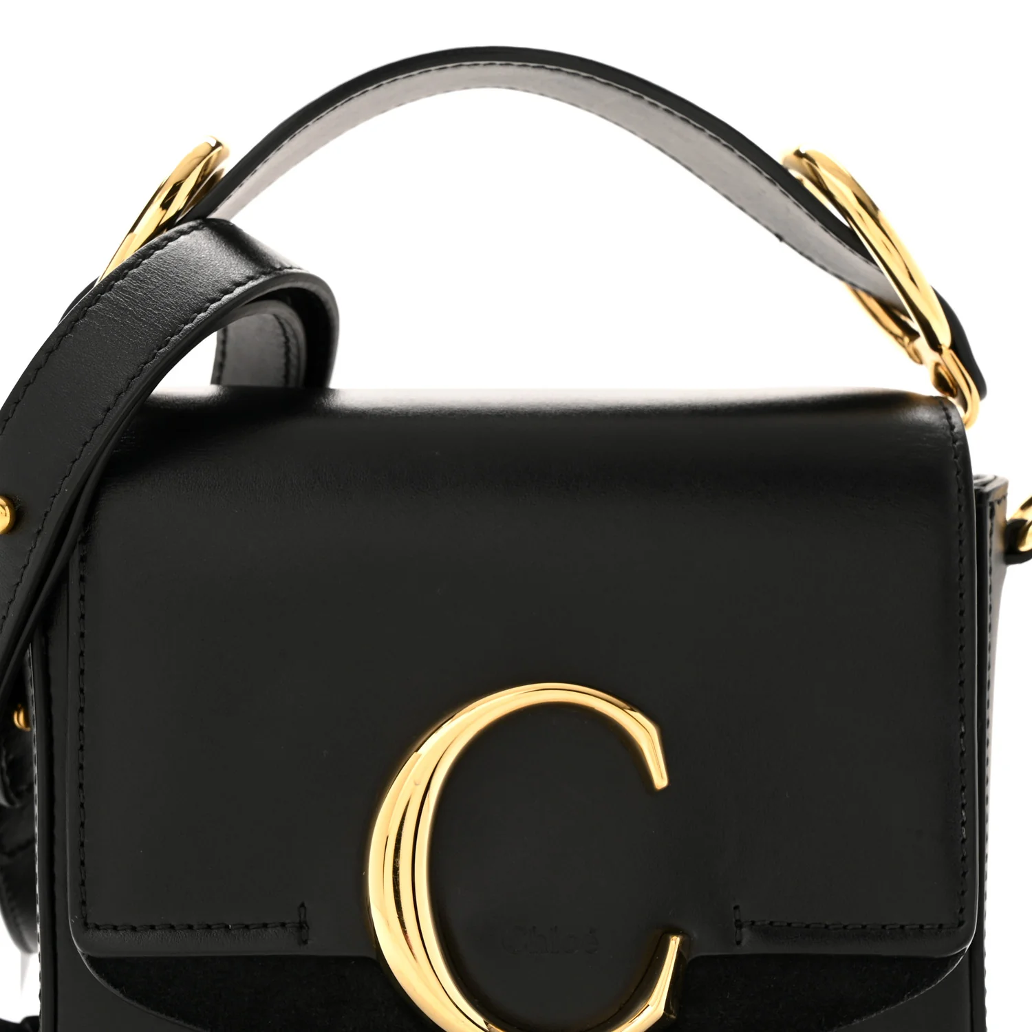 Shiny Calfskin Suede Mini C Double Carry Black - Top Club