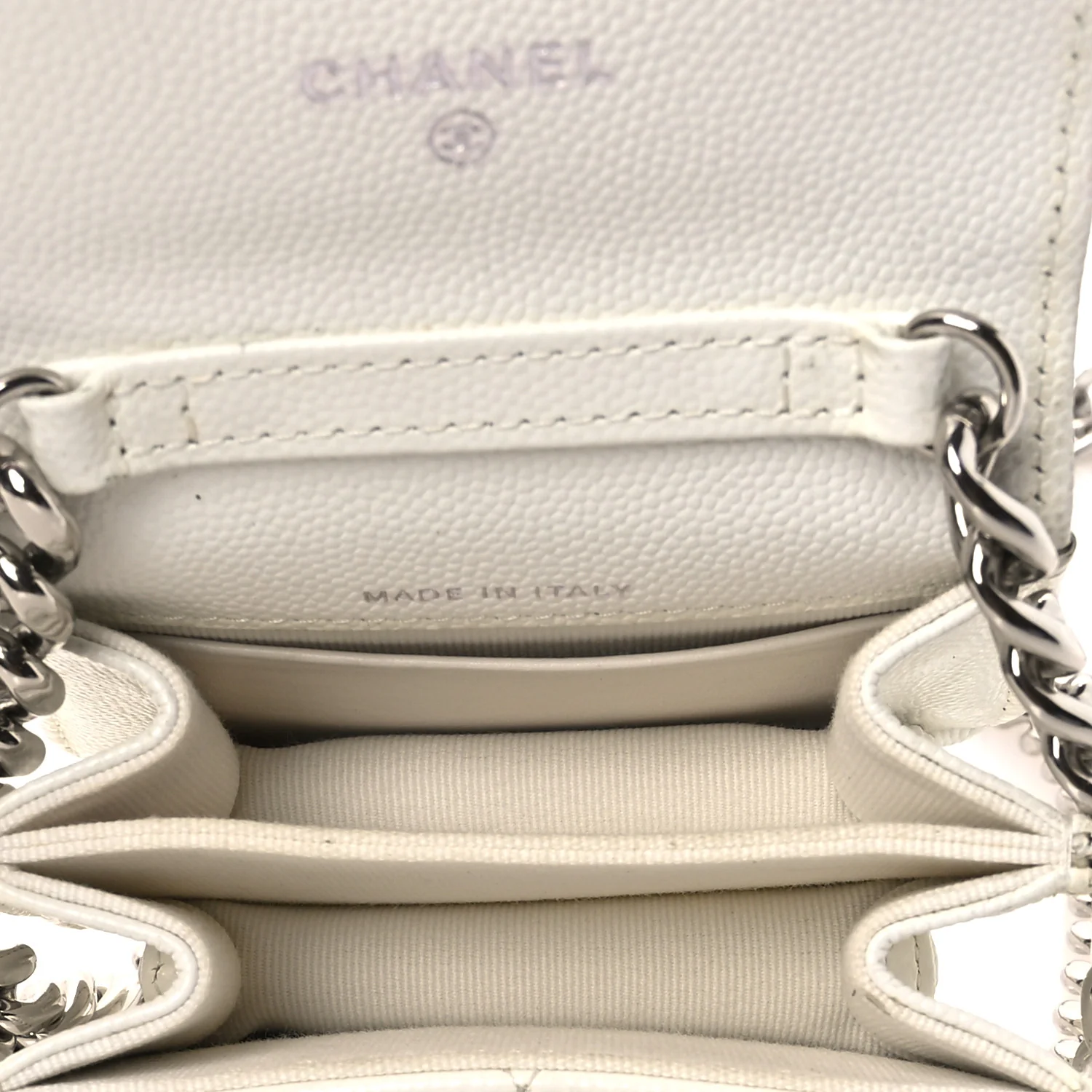 Caviar Quilted Enamel Coco Clutch With Chain White - Top Club