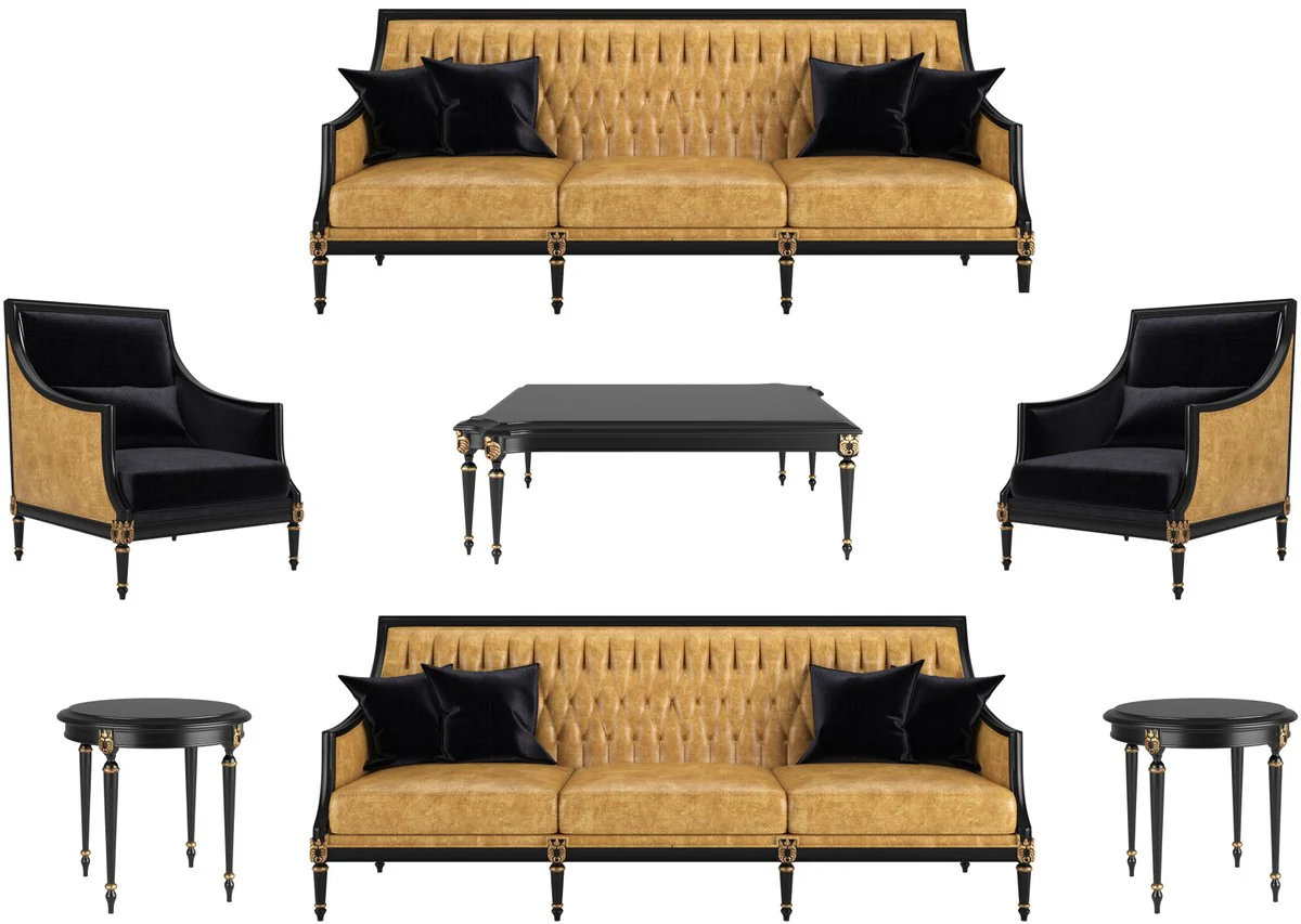 Luxury Baroque Living Room Set Gold / Black / Antique Gold - 2 Sofas & 2 Armchairs & 1 Coffee Table & 2 Side Tables - Furniture in Baroque Style - Noble Baroque Living Room Furniture
