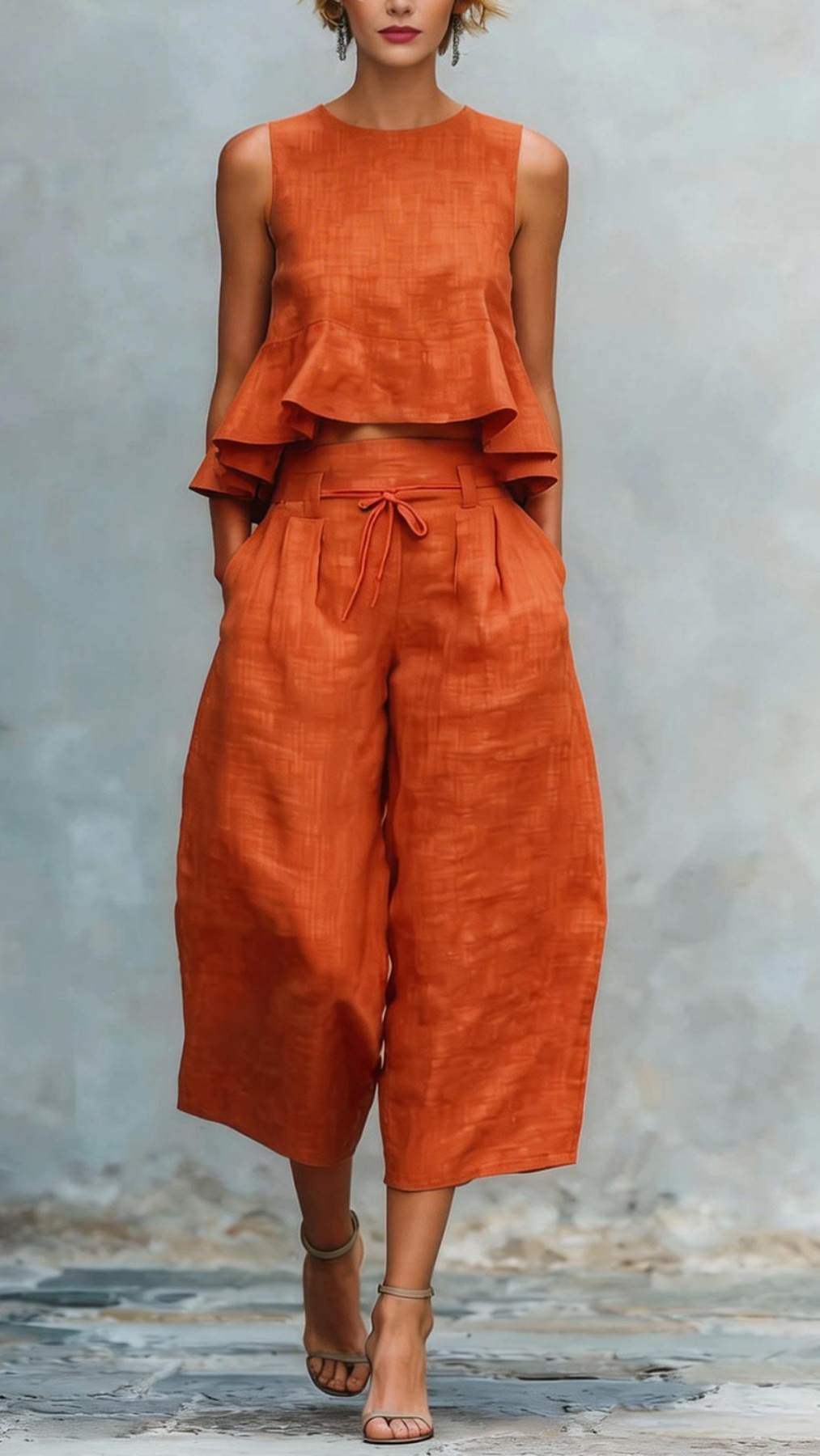 Women's two-piece linen blend set with ruffled trim. - Nordfashionstorm - Women's Clothing, Fashion for You - Nordfashionstorm.com