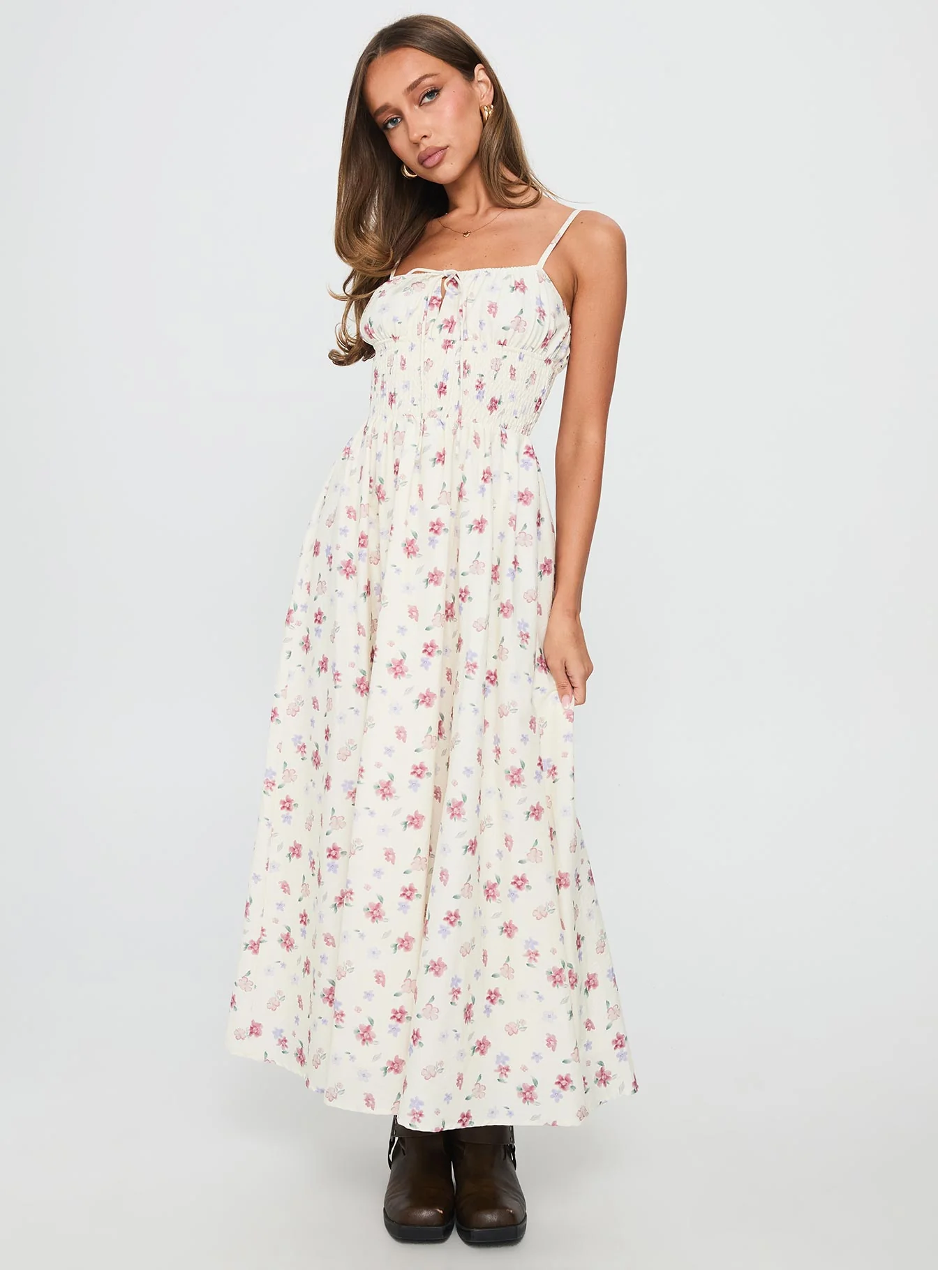 Pearle Shirred Maxi Dress White Floral