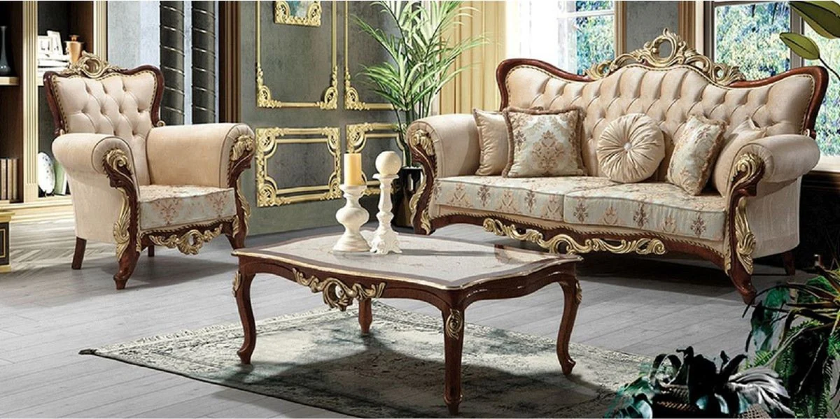 Luxury Baroque Living Room Set Beige / Brown / Gold - 1 Baroque Sofa with Pattern & 2 Baroque Armchairs with Pattern & 1 Baroque Coffee Table - Magnificent Baroque Living Room Furniture