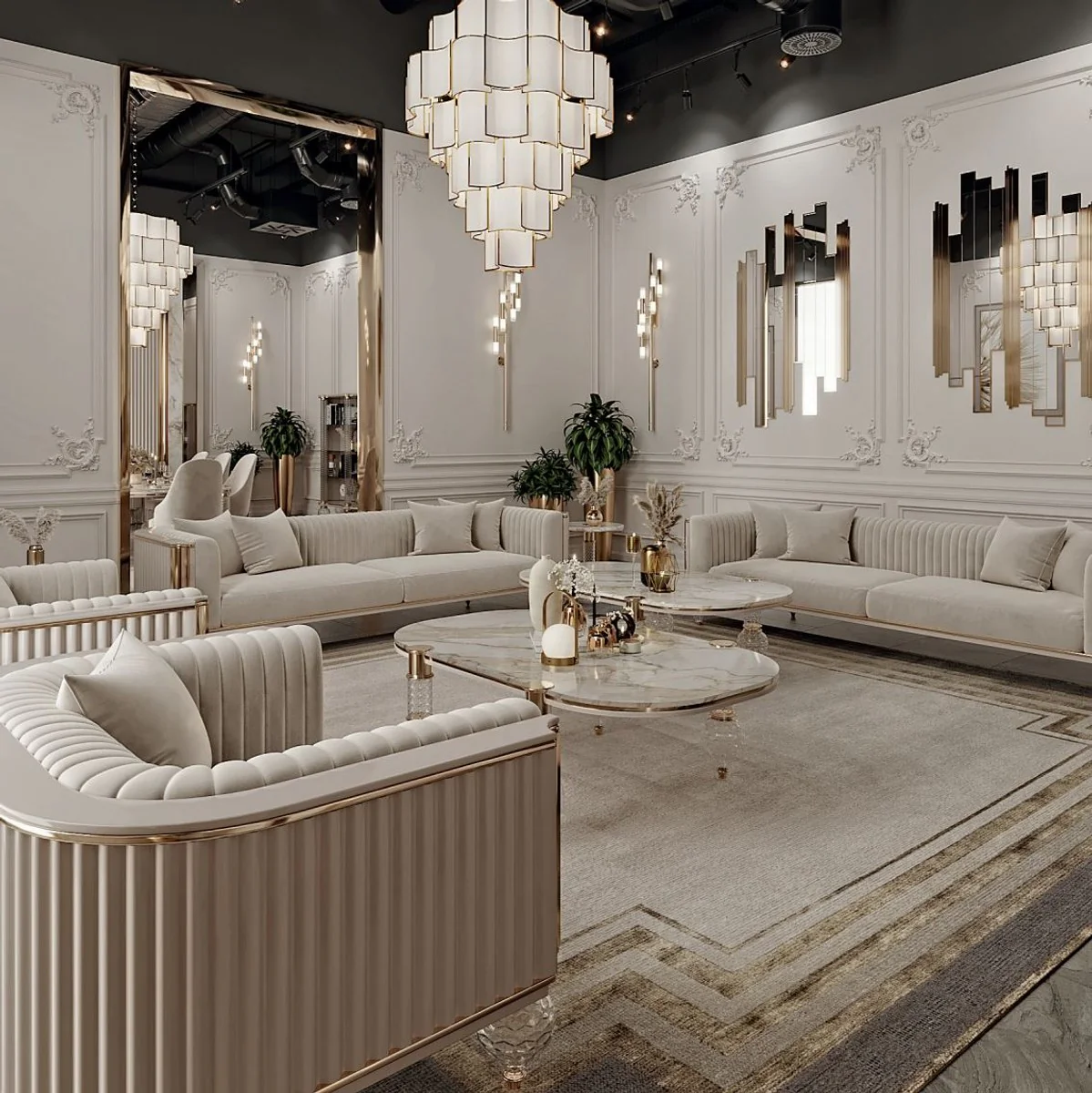 Luxury Art Deco coffee table white / gray / gold 120 x 70 x H. 49 cm - living room table with elegant artificial marble table top - Art Deco living room furniture - luxury living room furniture
