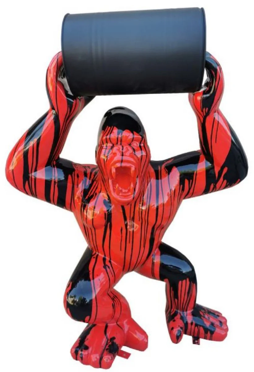 Luxury decorative sculpture gorilla monkey with barrel red / black H. 140 cm - Large decorative figure - XXL decorative sculpture - XXL decorative figure - Living room decoration - Garden decoration - Luxury figures