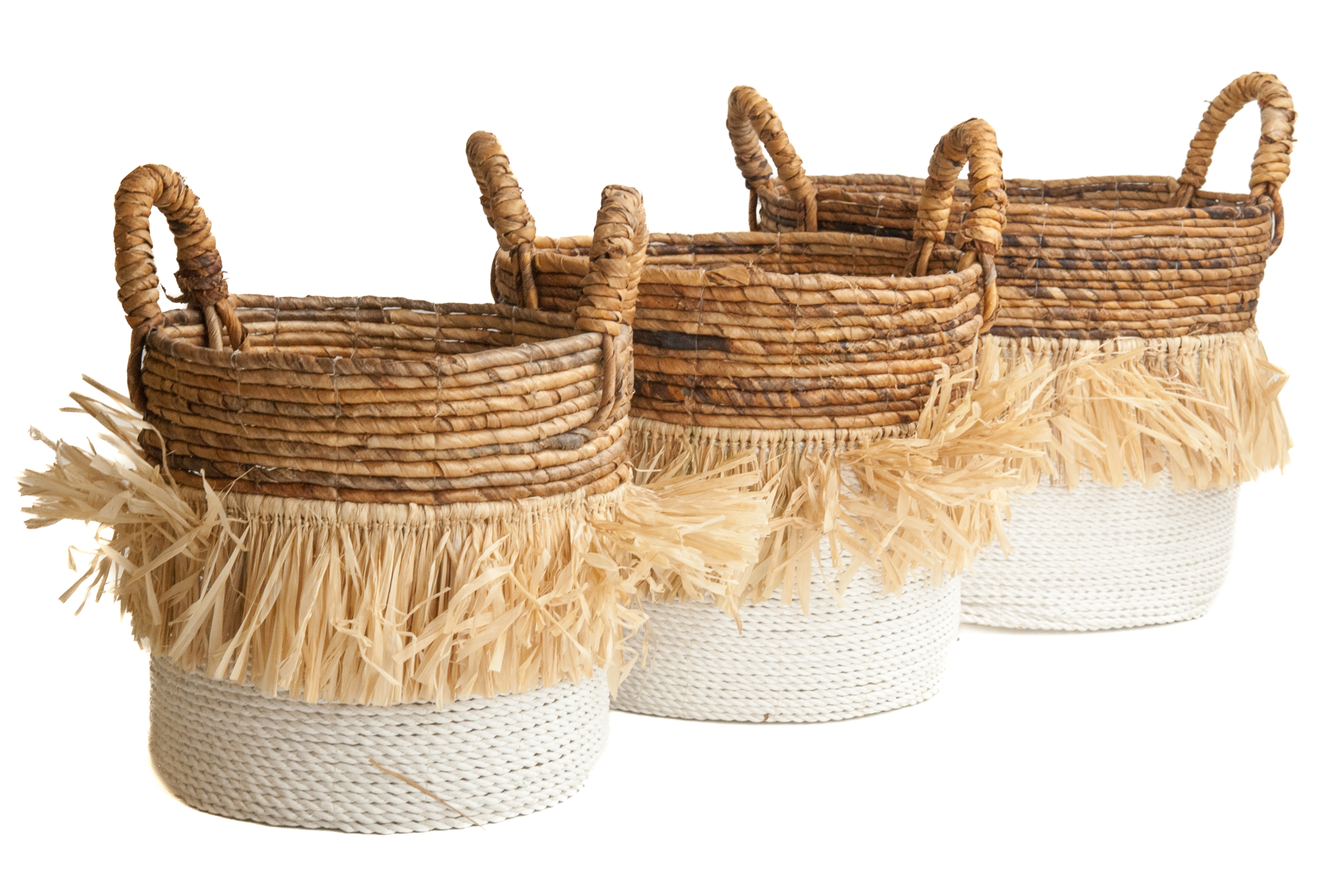Seagrass waterhyacint mand met raffia natural/wit L