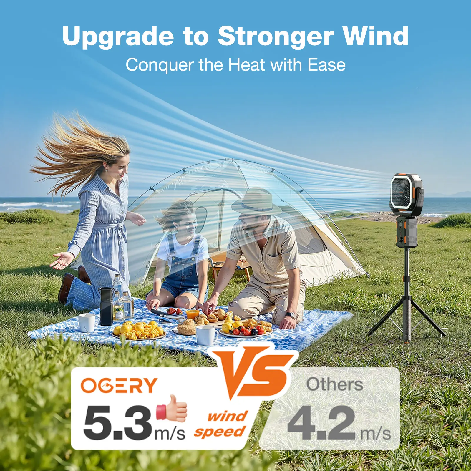 OGERY Camping Fan with Detachable Tripod, 30000mAh Rechargeable Fan with LED Lights & 270° Pivot, 4 in 1 Cordless Camping Fan, Remote Control Shaking Head Desk Fan for Camping Tent Travel Bedroom Portable Motor