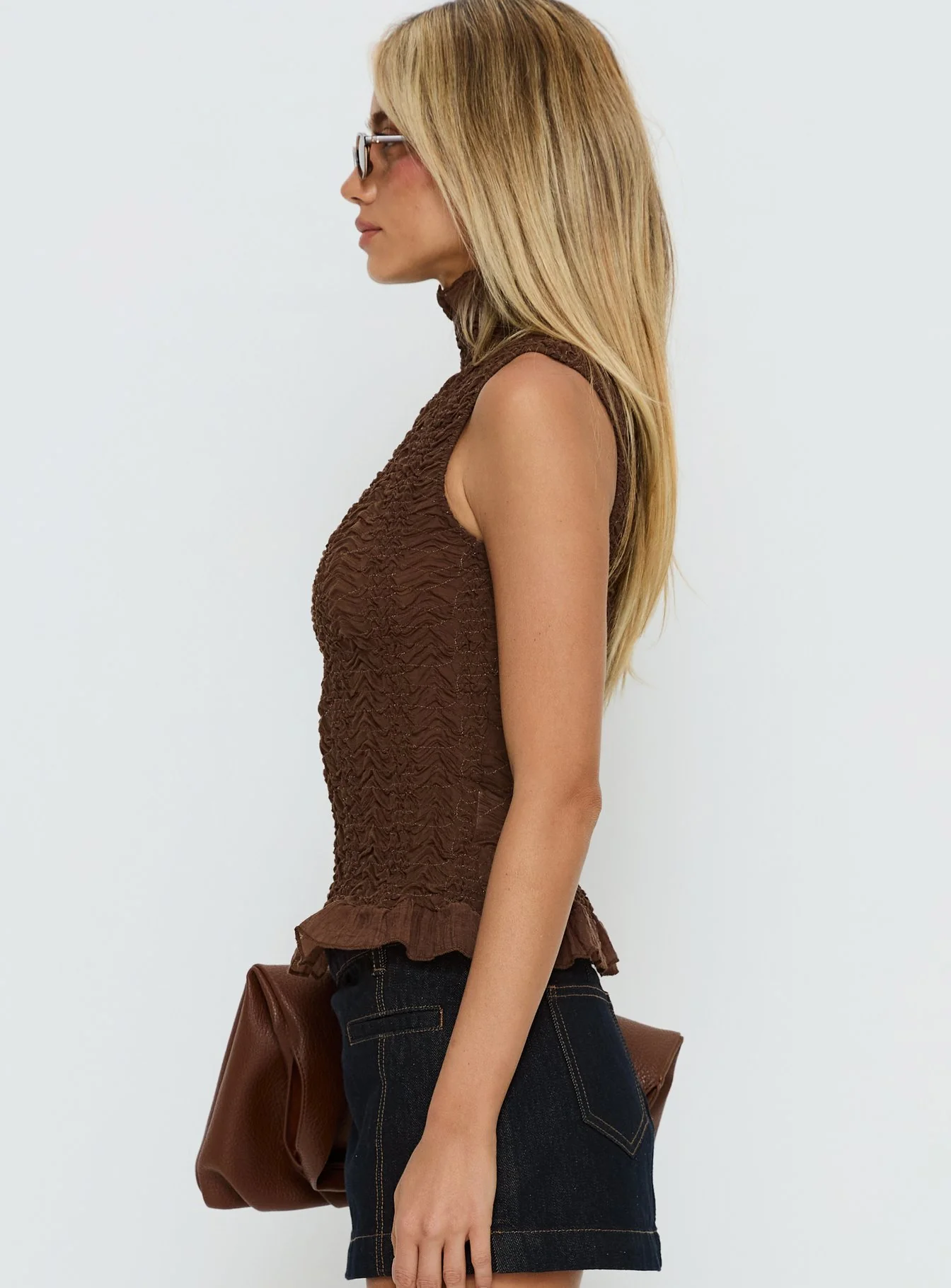 Danira High Neck Textured Top Brown