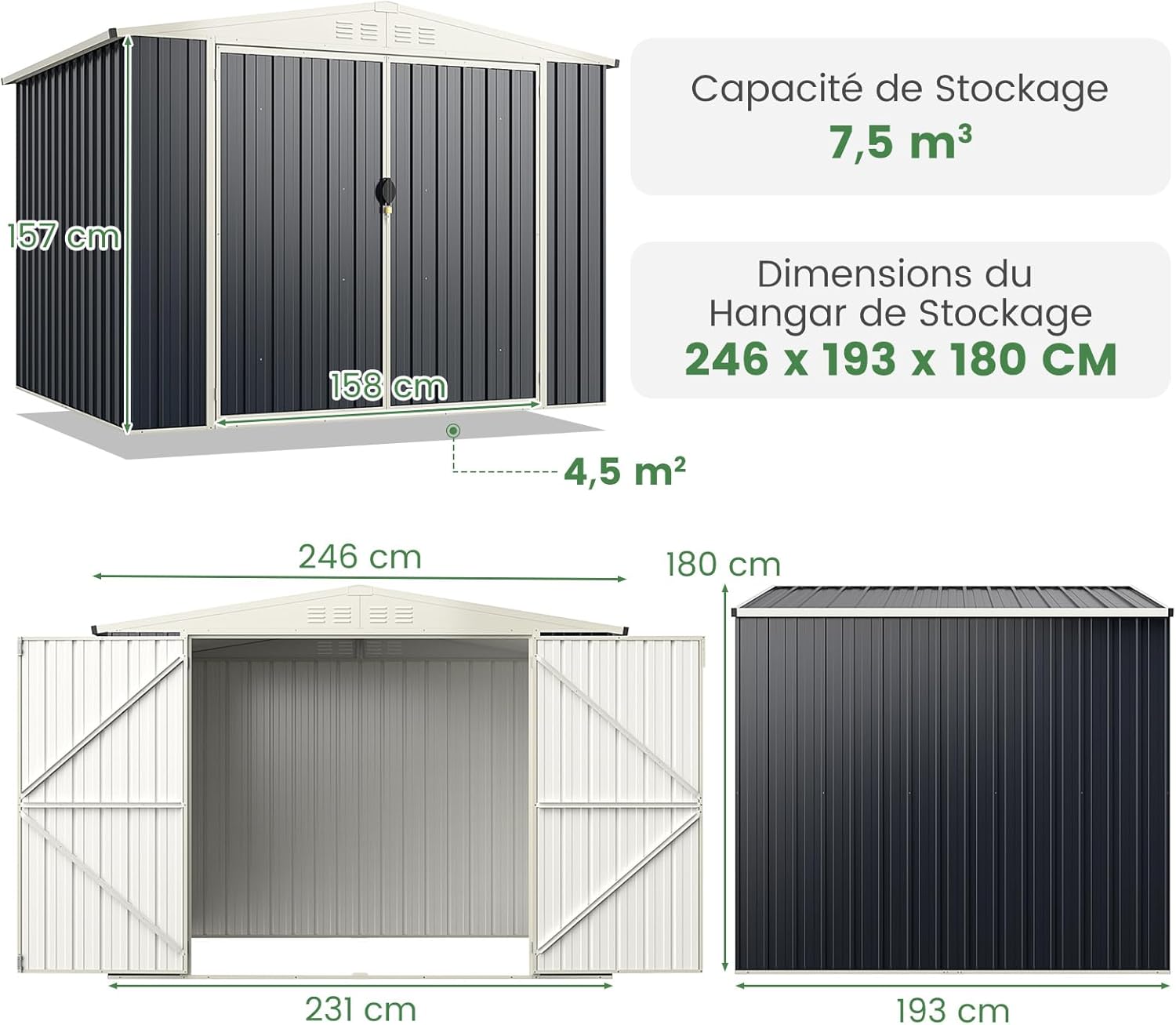 RELAX4LIFE Casetta da Giardino in Metallo 8M³ 5M², 246x193x180CM con Porta Bloccabile, Tetto Inclinato, Finestra di Ventilazione per Attrezzi Biciclette Rifiuti