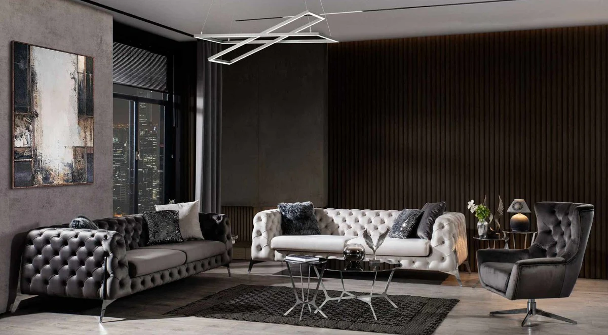 Luxury Chesterfield sofa gray / silver 240 x 100 x H. 72 cm - Living room sofa - Chesterfield living room furniture