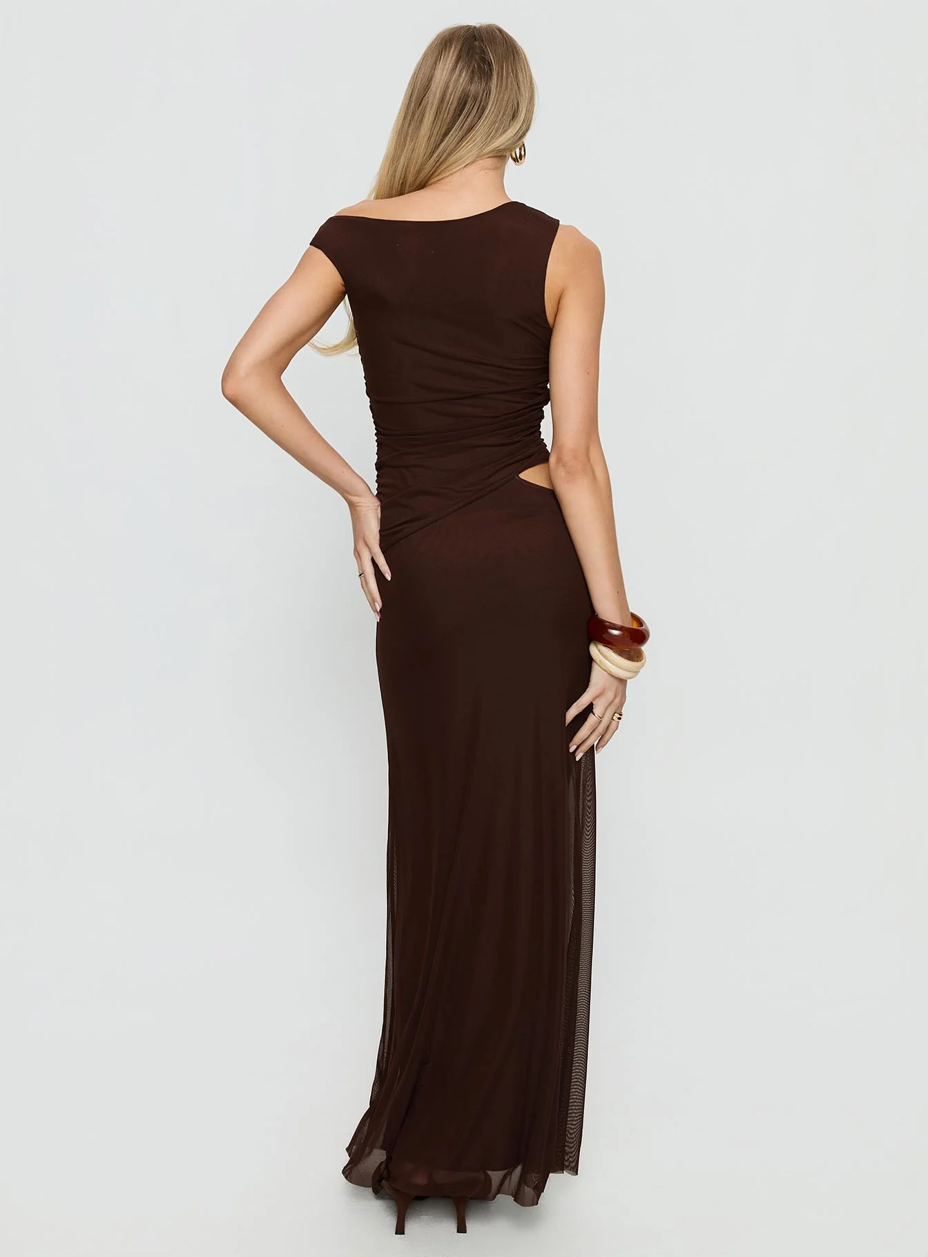 Krystyna Off Shoulder Ruched Maxi Dress Chocolate