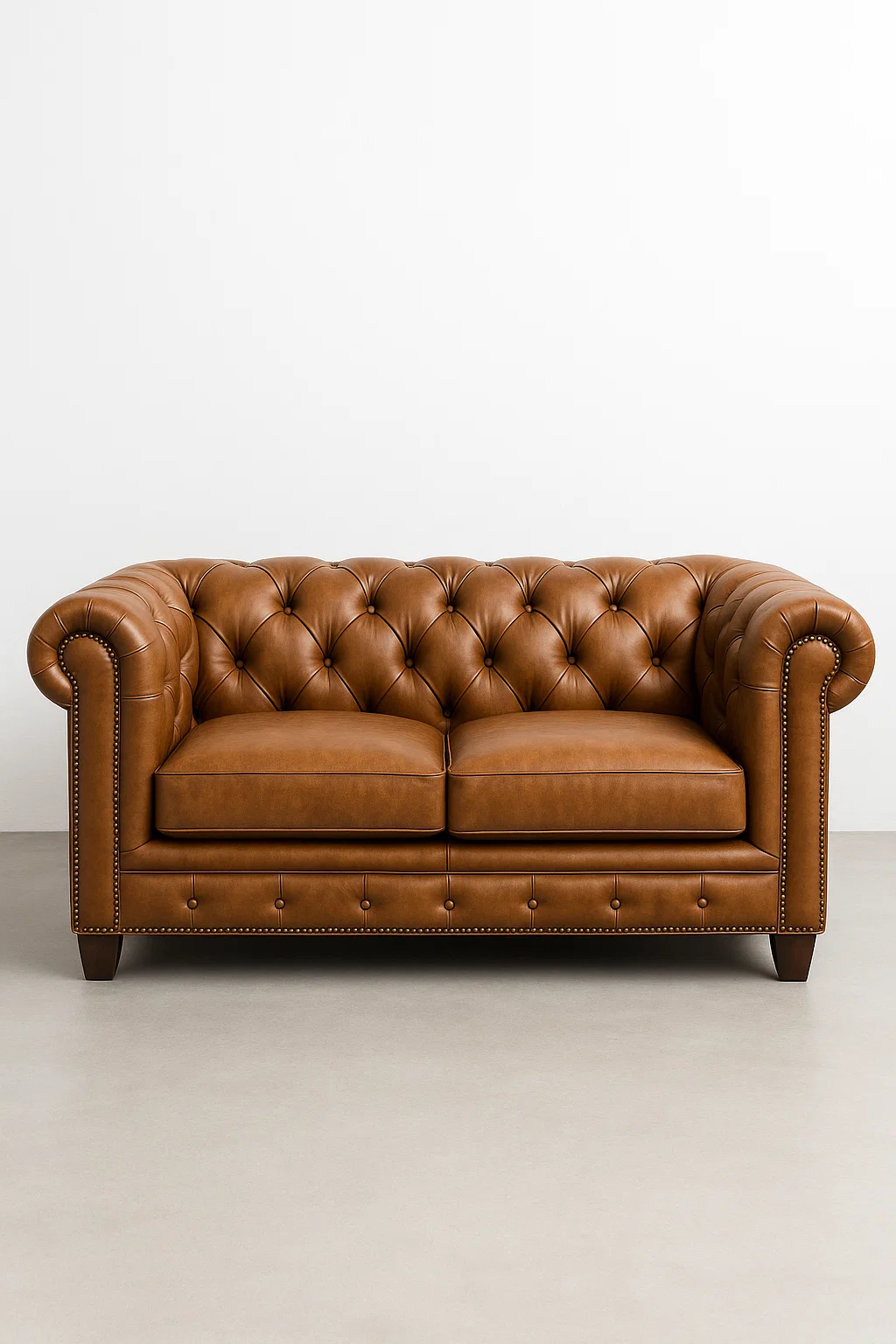 Sofá de piel estilo chesterfield con botones capitoné y reposabrazos enrollados