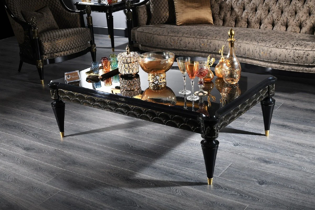 Luxury baroque living room set silver gray / black / gold - 2 sofas & 2 armchairs & 1 coffee table & 2 side tables - magnificent baroque furniture - luxury quality
