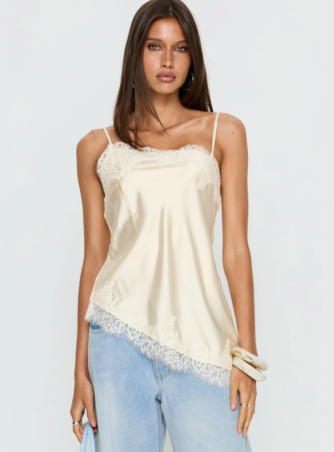 Winta Lace Trim Asymmetrical Satin Top Cream