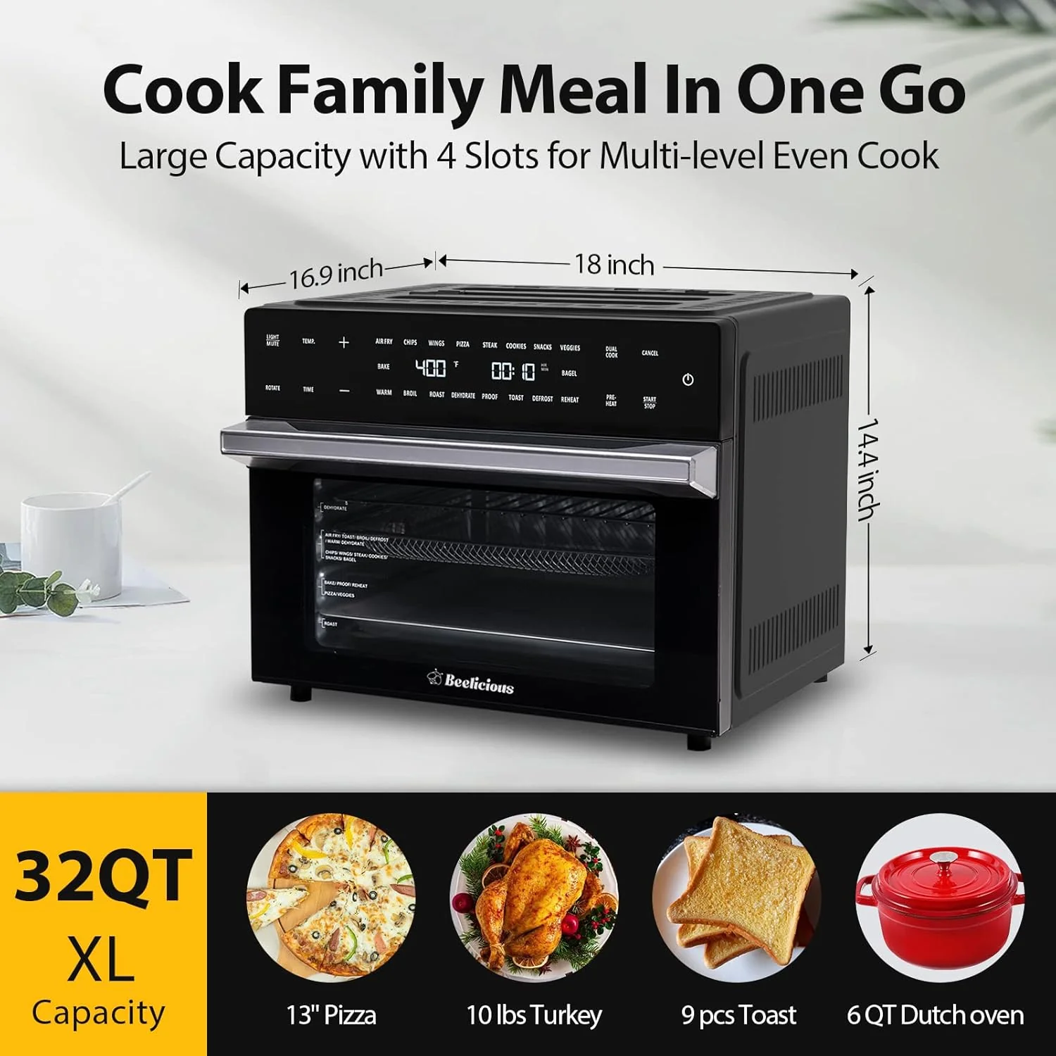 Beelicious 32QT Extra Large Air Fryer Toaster Oven Combo with Rotisserie and Dehydrator